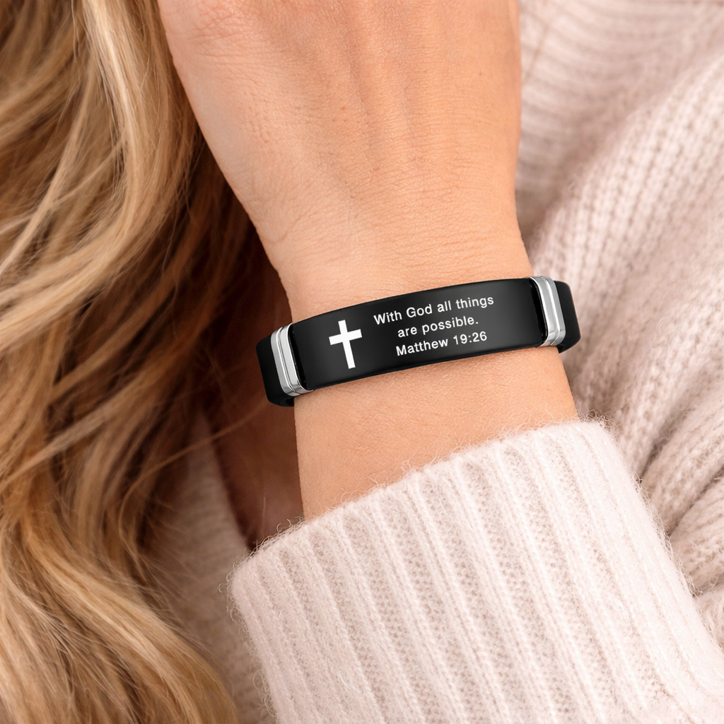Bible Verse Bracelet | Stainless Steel Cross Silicone Adjustable Wristband Matthew 19:26 Bracelet