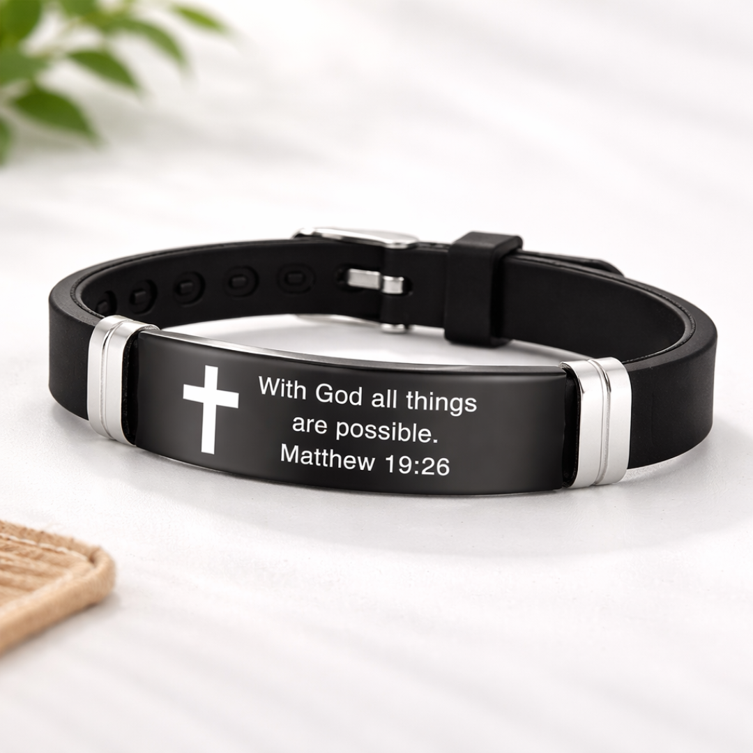 Bible Verse Bracelet | Stainless Steel Cross Silicone Adjustable Wristband Matthew 19:26 Bracelet