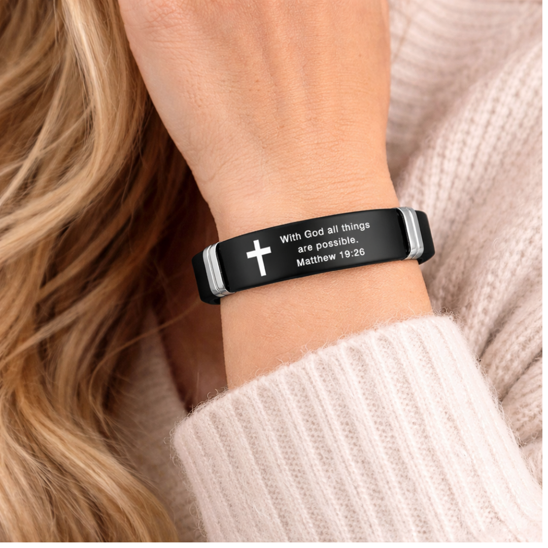 Bible Verse Bracelet | Stainless Steel Cross Silicone Adjustable Wristband Matthew 19:26 Bracelet