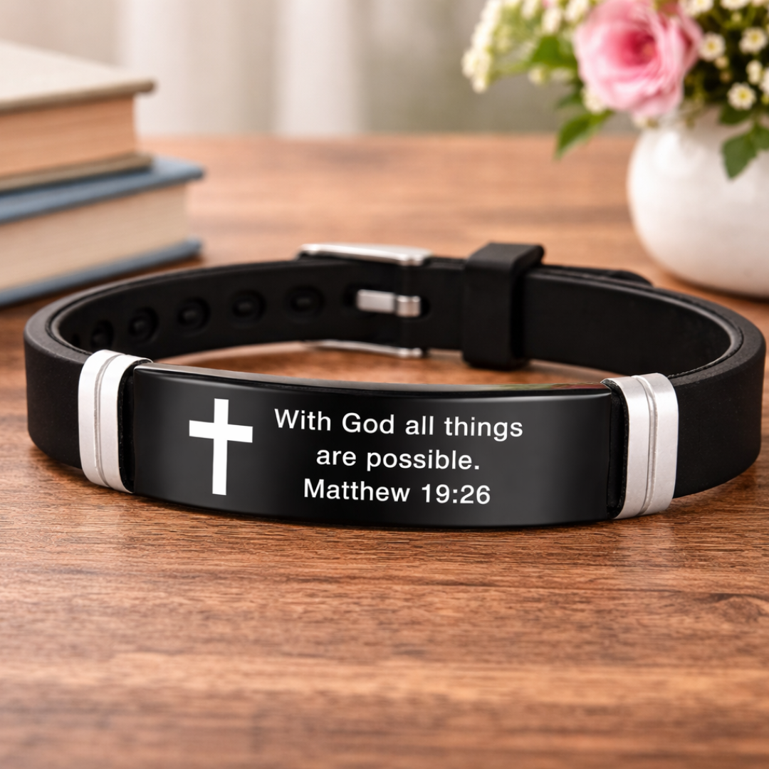 Bible Verse Bracelet | Stainless Steel Cross Silicone Adjustable Wristband Matthew 19:26 Bracelet
