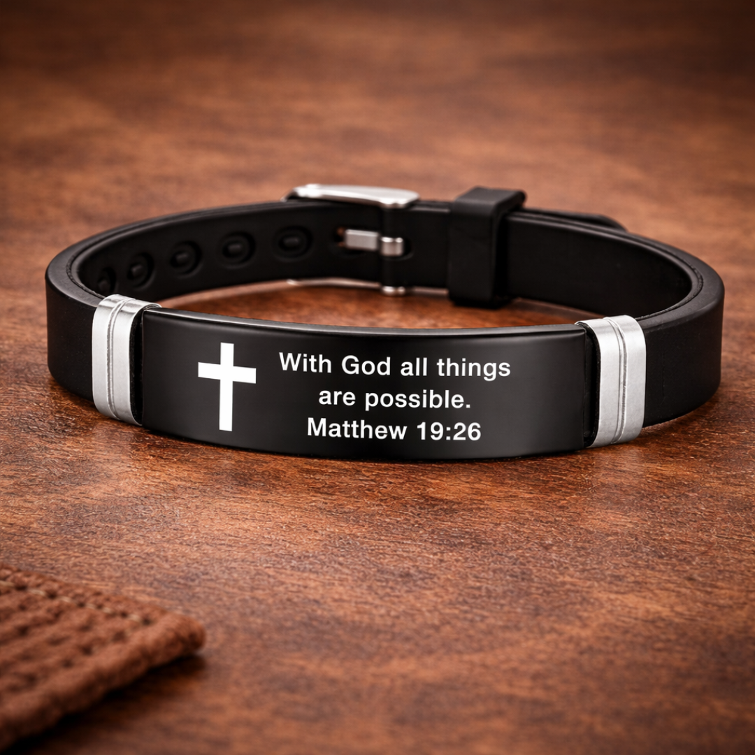 Bible Verse Bracelet | Stainless Steel Cross Silicone Adjustable Wristband Matthew 19:26 Bracelet