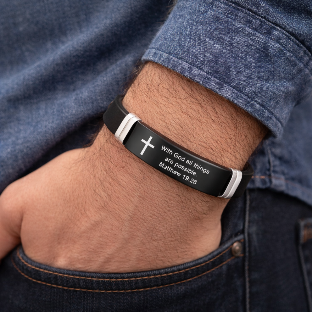 Bible Verse Bracelet | Stainless Steel Cross Silicone Adjustable Wristband Matthew 19:26 Bracelet