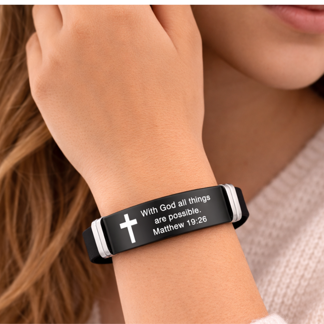 Bible Verse Bracelet | Stainless Steel Cross Silicone Adjustable Wristband Matthew 19:26 Bracelet