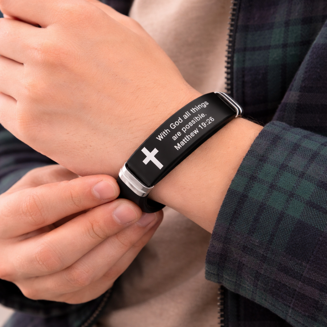 Bible Verse Bracelet | Stainless Steel Cross Silicone Adjustable Wristband Matthew 19:26 Bracelet