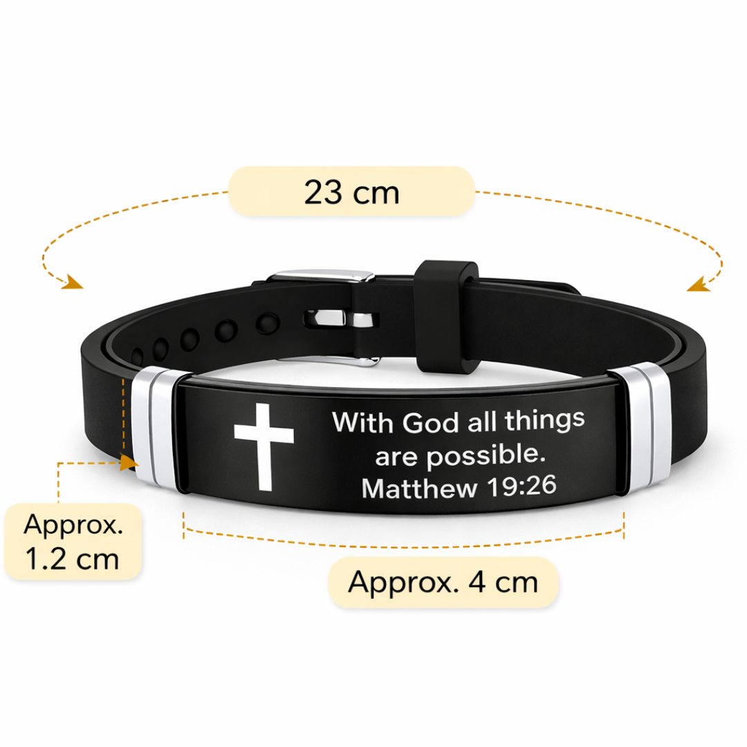 Bible Verse Bracelet | Stainless Steel Cross Silicone Adjustable Wristband Matthew 19:26 Bracelet
